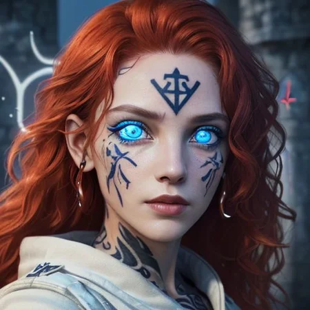 bright red hair, human female, (feminine:1.7), (beautiful face, detailed face:1.6), (beautiful eyes, detailed eyes:1.7), (looking at viewer, eye contact, intense:1.6), (long hair, red hair, curly hair:1.3), , ((masterpiece, best quality, high resolution, realistic, best quality,)), photo realistic, Perfect Face, (detailed face). <lora:GoodHands-vanilla:0.6> <lora:add-detail-xl:0.8>, mage, (Dress White military uniform coat), dagger, rune dagger, glowing runes, , (((glowing magic symbols tattoos, religious tattoos))), ((face tattoos)), glowing tattoos, stone tower in the background