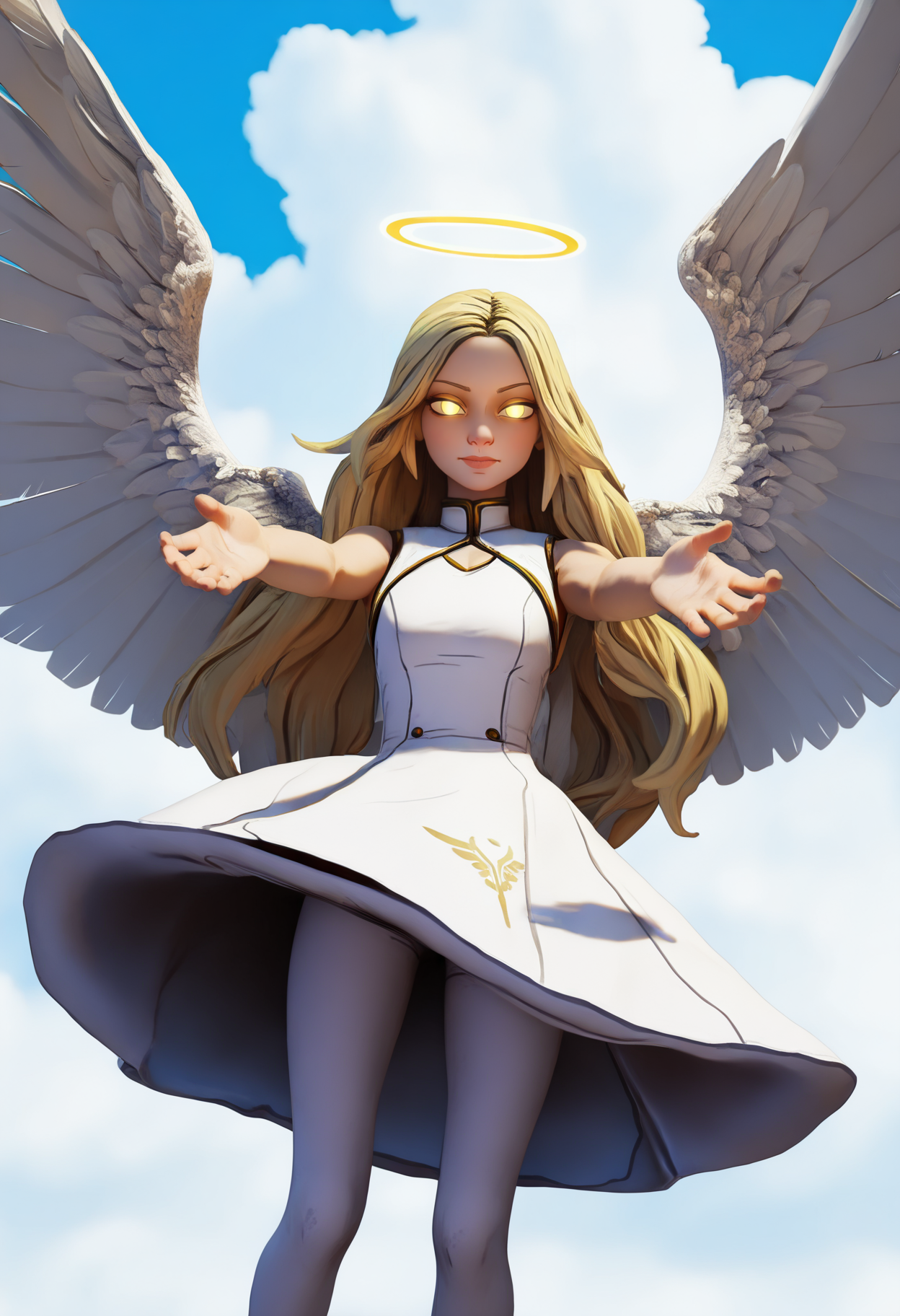 best quality, amazing quality, very aesthetic, absurdres,
1girl, long hair, blonde hair, white theme, angel wings, white dress, feathers, sky, detailed background, white background, halo, white pantyhose, spread wings, outstretched, blue sky, cloud,
looking at viewer, yellow eyes, glowing eyes,  <lora:BorderlandsNoobLocon_byKonan:1>