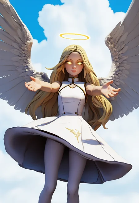 best quality, amazing quality, very aesthetic, absurdres,
1girl, long hair, blonde hair, white theme, angel wings, white dress, feathers, sky, detailed background, white background, halo, white pantyhose, spread wings, outstretched, blue sky, cloud,
looking at viewer, yellow eyes, glowing eyes,  <lora:BorderlandsNoobLocon_byKonan:1>