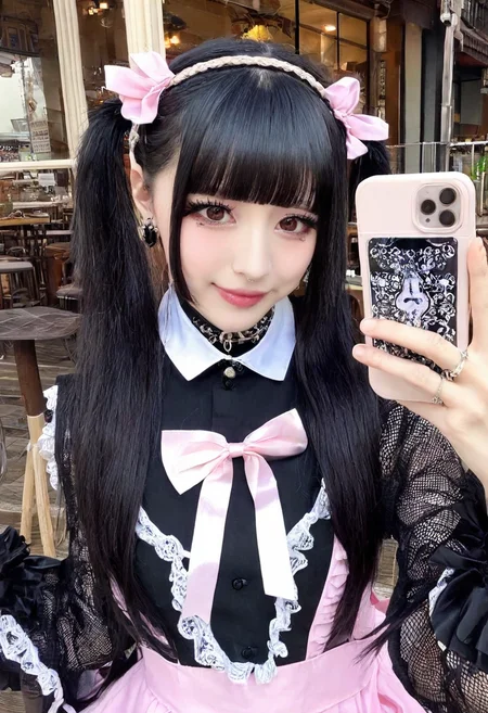 masterpiece,best quality,jirai kei, jiraikei face, a young Japanese woman, solo, black hair, cute,twintails, long hair,bangs, solo focus, looking at viewer and facing viewer,
blunt bangs, jewelry , hairband, earrings, ring, eyes, smile,makeup,long eyelashes,eyelashes,thick eyelashes,twintails,eyeliner,latin cross,
long sleeves, (Selfie, smartphone,holding phone), pale skin,arm up,lipstick,Collar,
shirt, frills, ear piercing, pink dress,upper body, Coffee shop background,outdoors,gothic, goth fashion, Sit in a chair,ring,pink bow,maid headdress,(She took a selfie with her phone outside the cafe)
<lora:jirai kei-SDXL-V1:0.7>,
