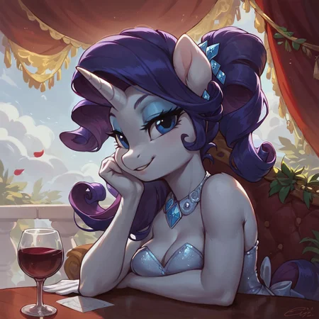 score_9, score_8_up, score_8, Rarity \(mlp\), unicorn pony anthro, gazing at viewer, wearing ball gown, close up, posing with wine glass, low light, at the table at the gala