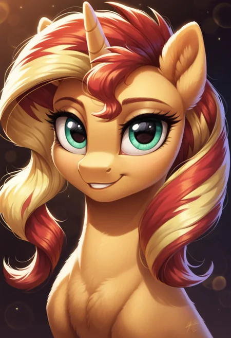 score_9, score_8_up, score_7_up, score_6_up, score_5_up, score_4_up, my little pony, ((feral pony)), Sunset Shimmer, 1girl, ((solo)), (sexy), beautiful, detailed, (detailed cute pony face), detailed eyes, detailed fur, detailed hooves, beautiful, vector, flat colors, (beautiful long eyelashes), (beautiful hooves), (abstract background:1.8), (looking at you, looking at viewer:1.5), smile, happy, ((close-up)), high angle