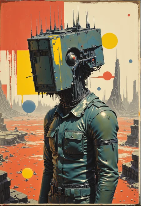 abstract style . abstract oil painting of a man with a cube for a head, his body posed in a contemplative stance. The surreal artwork blends rich, thick brushstrokes with vibrant splashes of color, creating a dreamlike atmosphere. His cube-shaped head is detailed with subtle shading, giving it a three-dimensional look, yet it remains stark and expressionless. In the background, chaotic geometric shapes float and twist in random directions, adding a sense of confusion and complexity. Bright paint splatters and smears of bold colorsâred, yellow, blueâdecorate the canvas, adding texture and energy to the scene. The overall composition evokes a sense of surrealism and abstraction, with the boundaries between the man and the background blurring in artistic, fluid motion. <lora:Risograph_Style_FLUX_by_Ethanar-000001.safetensors:1.0>,  <lora:artisketchyfs-v02.safetensors:0.25>,  <lora:artilands.safetensors:0.75>,  <lora:The Weirdies [Flux]_R.safetensors:1.0>,  <lora:Sci-fi_env_flux.safetensors:0.75>,  . non-representational, colors and shapes, expression of feelings, imaginative, highly detailed