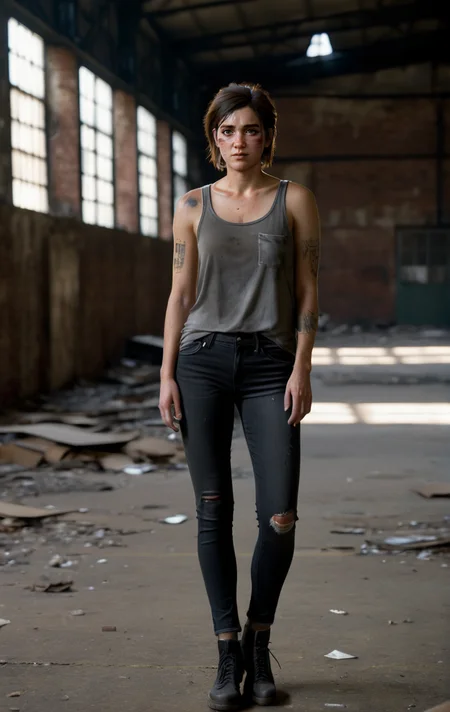 photo of ohxw, ellie, tattoo on left arm, woman, black jeans, inside abandoned warehouse, full body, skinny, short hair, face details, low key lighting, <lora:2ellie-000003:1>