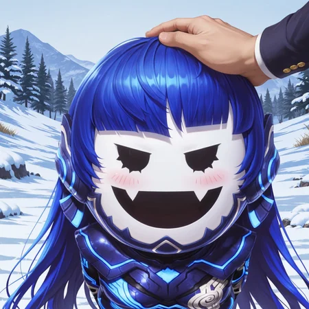 uncensored, masterpiece, best quality, highly detailed, realistic, solo, Nahobeeho, humanoid, ambiguous gender, blue hair, very long hair, hime cut, black eyes, mob face, flesh fangs, white body, white skin, blue bodysuit, multicolored bodysuit, smile, open mouth 5 fingers, snow, detailed background, (pov hands, hand on another's head, petting, blushing, face focus, face only, close-up, disembodied hands), hands behind back