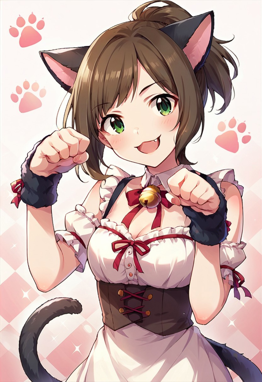 score_9, score_8_up, score_7_up, source_anime,maekawa miku, brown hair, green eyes, short hair, 1girl, animal ears, cat ears, tail, solo, cat tail, paw pose, bell, fang, ponytail