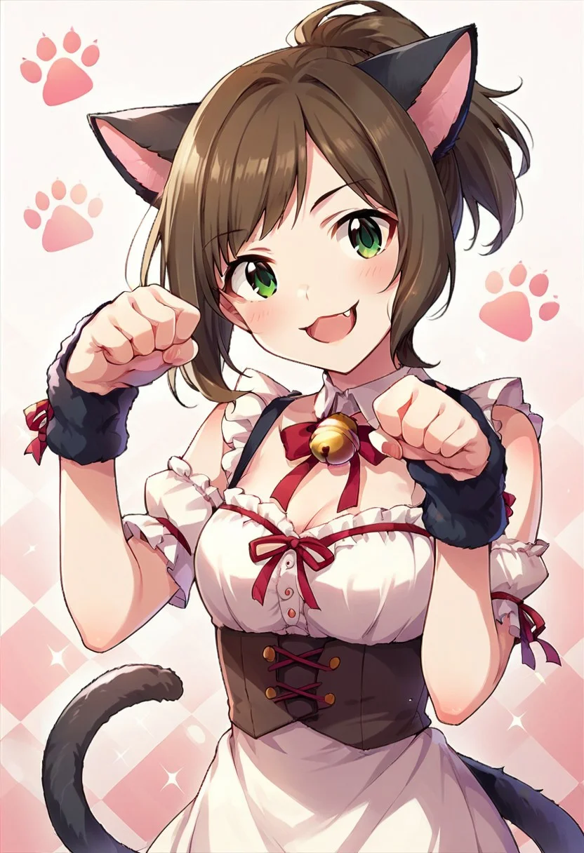 score_9, score_8_up, score_7_up, source_anime,maekawa miku, brown hair, green eyes, short hair, 1girl, animal ears, cat ears, tail, solo, cat tail, paw pose, bell, fang, ponytail