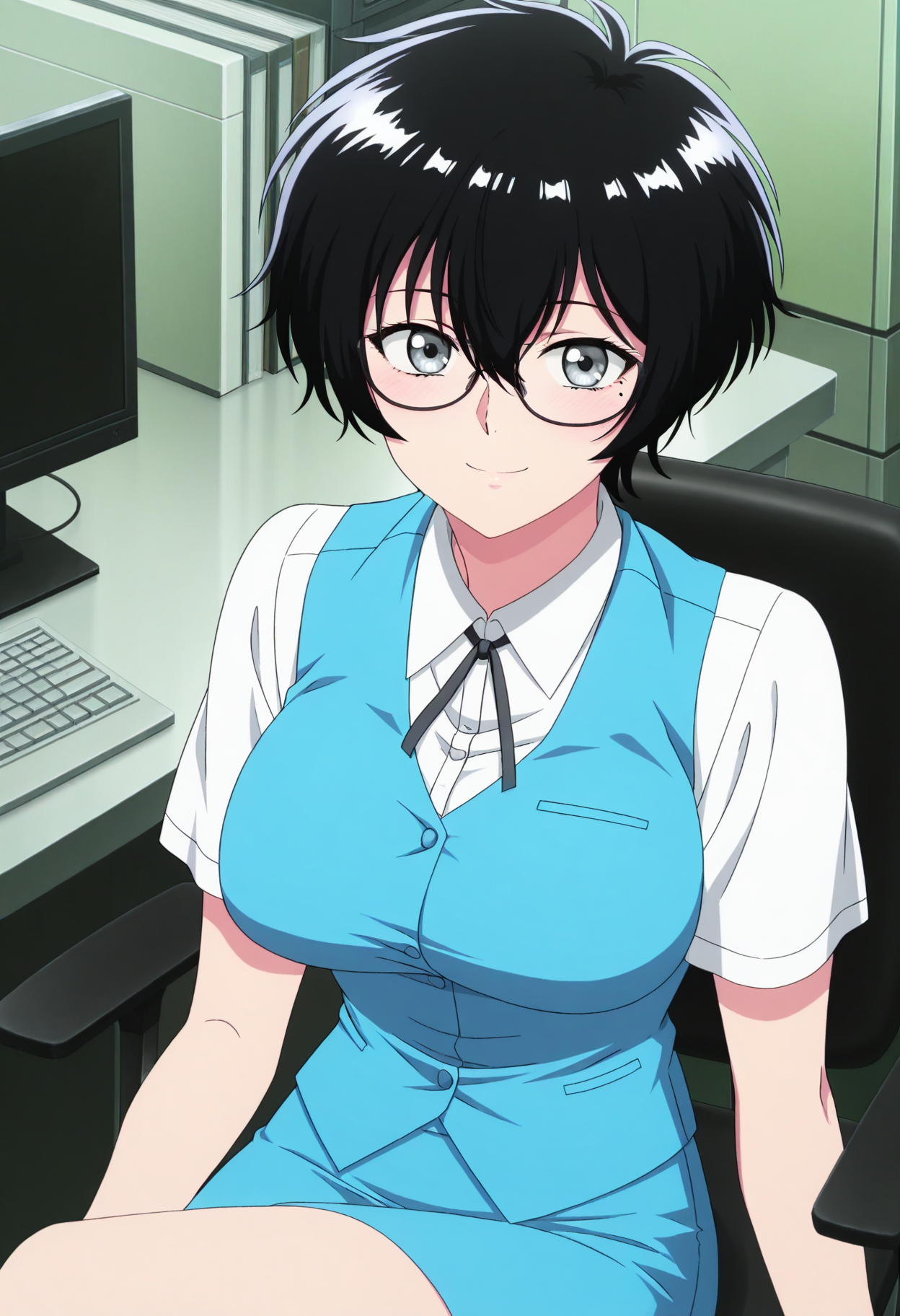 masterpiece, best quality,  absurdres, highres, cinematic light, 1girl,  <lora:kujirai_reiko:1> kujirai_wz, very short hair, black hair,  hair between eyes, mole under eye, grey eyes, glasses, large breasts, white shirt, collared shirt, black ribbon, neck ribbon, short sleeves, blue vest, light blue skirt,  <lora:anime_screencap-Illustrious:1> anime screencap, anime coloring, anime screenshot, looking at viewer, sitting, office, office chair, crossed legs, smile, light blush, desk, computer