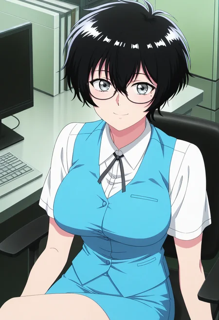 masterpiece, best quality,  absurdres, highres, cinematic light, 1girl,  <lora:kujirai_reiko:1> kujirai_wz, very short hair, black hair,  hair between eyes, mole under eye, grey eyes, glasses, large breasts, white shirt, collared shirt, black ribbon, neck ribbon, short sleeves, blue vest, light blue skirt,  <lora:anime_screencap-Illustrious:1> anime screencap, anime coloring, anime screenshot, looking at viewer, sitting, office, office chair, crossed legs, smile, light blush, desk, computer
