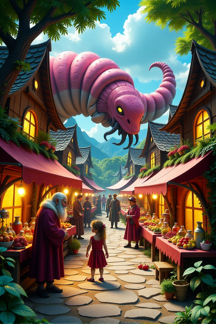 <lora:Pop-up_Book_Papercraft_Plotter_FLUX:0.95> The image is a highly detailed, vibrant, photograph of a scene from a pop-up book, featuring "A bustling marketplace in a city built on the back of a colossal, slumbering earthworm, whose scales are covered in miniature houses and gardens. Vendors sell potions in glowing vials, woven from spider silk, and enchanted fruits that change color with each bite. A wise, old centaur with a beard of moss and vines offers advice to a young, wide-eyed satyr. Capture the lively atmosphere of the marketplace, the diverse characters, and the unique architecture on the earthworm's back. Style: Fantasy city, detailed character design, vibrant colors, dynamic composition, whimsical."âââ