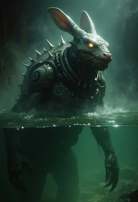 An atmospheric and powerful dark fantasy, natural organic and impressionist classical-style painting ,
Animatronic monster bunyip half submerged in water, light smoke, dim lighting mostly dark obscuring the mechanical bits as they disappear into the greenish water, VHS screen grab, nostalgic, old 80s found footage