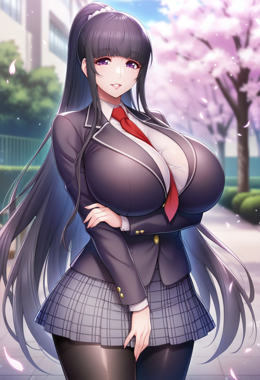 masterpiece, best quality, amazing quality,tomoe tajika, purple eyes, black hair, long hair, blunt bangs, ponytail, mature female,1girl, breasts, solo,huge breasts, gray skirt,school uniform, black jacket, black pantyhose, white shirt, pleated skirt, red necktie,long sleeves, collared shirt, plaid skirt, parted lips, light smile, standing,looking at viewer, cowboy shot, blurry background, outdoors, school, cherry blossom <lora:tomoe tajikaV1:0.9>