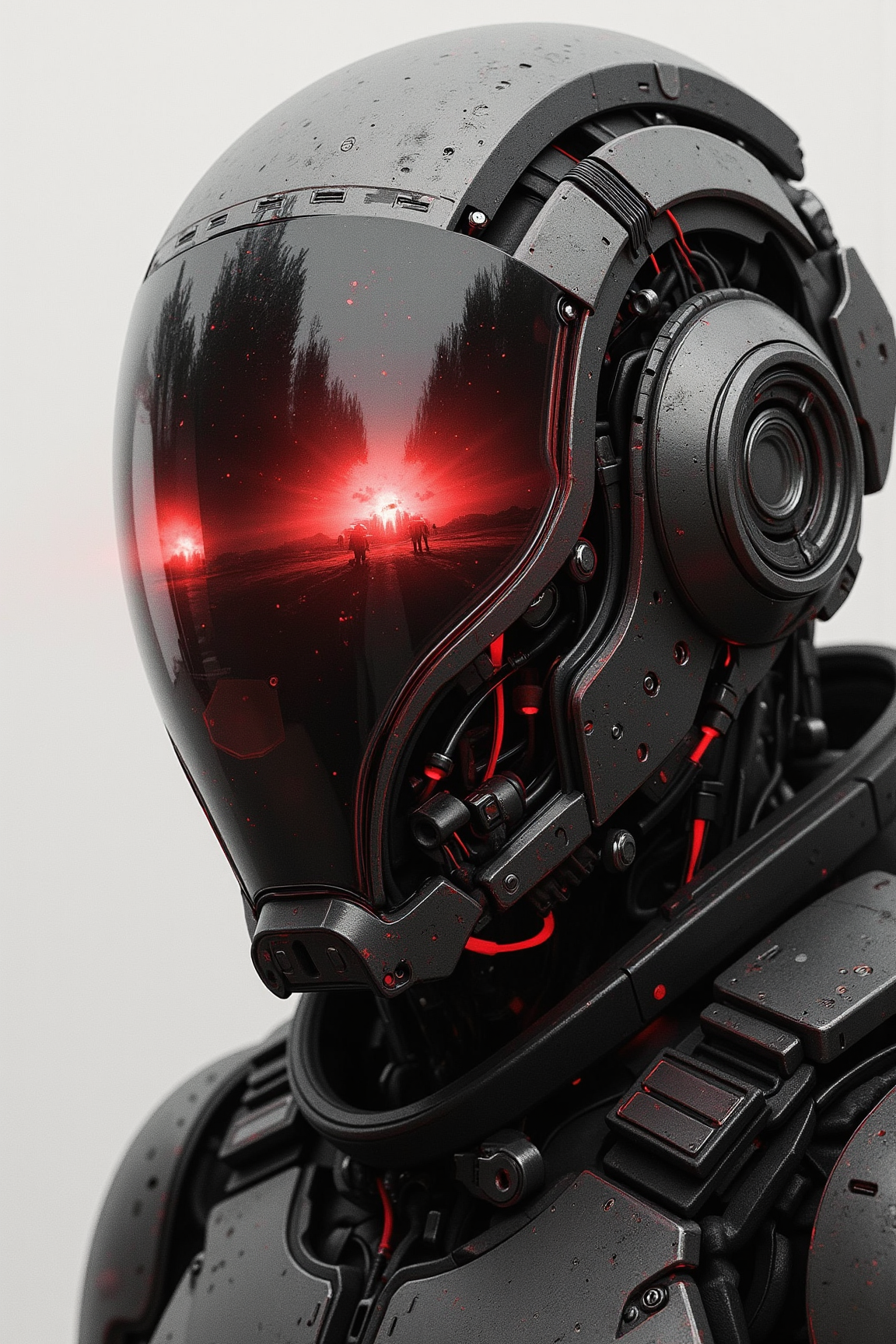 Close-up of a futuristic cyber warrior with intense, dramatic motion lines, drawn with fast, expressive strokes. His sleek helmet features a reflective visor capturing the fiery glow of a nuclear explosion in the distance. The warrior's expression is fierce and determined, adding tension to the scene. The image is primarily in black and white, with high-contrast details and intricate textures of metal and circuitry, but subtle red-tinted accents stand out, adding depth and intensity to the composition.