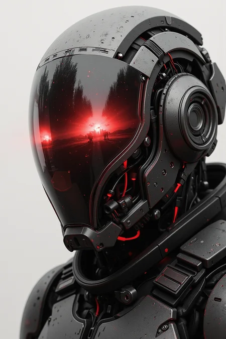 Close-up of a futuristic cyber warrior with intense, dramatic motion lines, drawn with fast, expressive strokes. His sleek helmet features a reflective visor capturing the fiery glow of a nuclear explosion in the distance. The warrior's expression is fierce and determined, adding tension to the scene. The image is primarily in black and white, with high-contrast details and intricate textures of metal and circuitry, but subtle red-tinted accents stand out, adding depth and intensity to the composition.