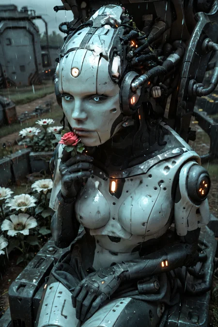 score_9, score_8_up, score_7_up, BREAK, Adjutant, robot, solo, android hands, offroad, (outdoors:1.3), sitting, (view from above:1.3), rain, field, (look down:1.4), factory on the background, holding rose, looking at flower, (hand up:1.4), natural lightings, (five fingers:1.2), night,