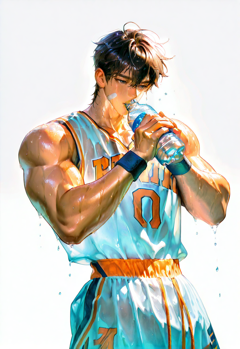 hanme1, 1boy, bottle, male focus, water bottle, sportswear, drinking, solo, holding bottle, bandaid, sweat, muscular, holding, white background, bandaid on face, dark-skinned male, basketball uniform, simple background, muscular male, brown hair, wet, black hair, shorts, dark skin, tank top, short hair, hair between eyes, bandages, wristband, water,bove,very awa,masterpiece,best quality,absurdres,newest,perfect quality,detailed background,intricate details,Visual impact,sharp focus,
details,hanme1,,,,<lora:cfg_scale_boost (1):0.6>,<lora:hanface-000009:0.4>,<lora:hamafu:0.8>