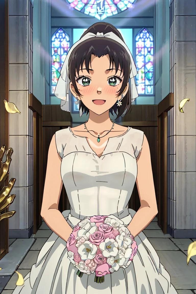 kazuhatv,1girl,solo,short hair,hair ribbon,ponytail,small breasts,wedding dress,nose blush,happy, wedding, jewelry, earrings, necklace, happy, church,flower, looking at viewer, 

<lora:kazuhatv:0.8>