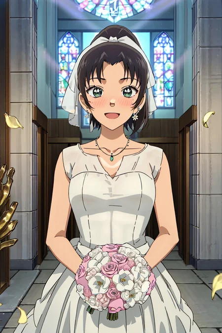 kazuhatv,1girl,solo,short hair,hair ribbon,ponytail,small breasts,wedding dress,nose blush,happy, wedding, jewelry, earrings, necklace, happy, church,flower, looking at viewer,
<lora:kazuhatv:0.8>