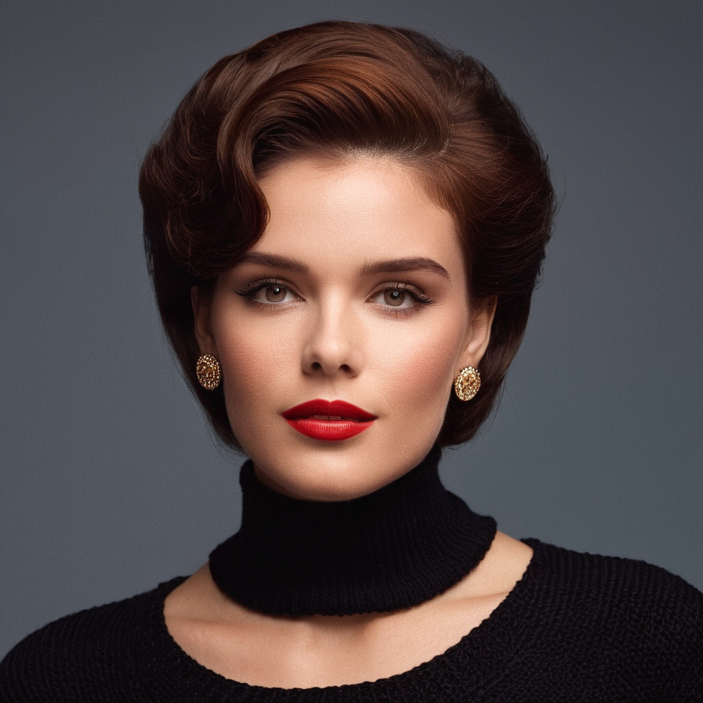 UHD, 4k, ultra detailed, cinematic, a photograph of  <lora:Retro Fashion style:1>
a woman in a black turtle neck sweater retro style,1girl,solo,looking at viewer,short hair,brown hair,brown eyes,jewelry,upper body,earrings,sweater,lips,turtleneck,realistic,black sweater , model, modeling, retro, fashion, vintage, classic, 1950's, 1940's 1960's, different, colorful, different hair style, vivid, film noise, film grain, filmic, perfect, perfection, detailed, contrast, deep color, saturation, fashionista, retro fashion style, epic, beautiful lighting, inpsiring