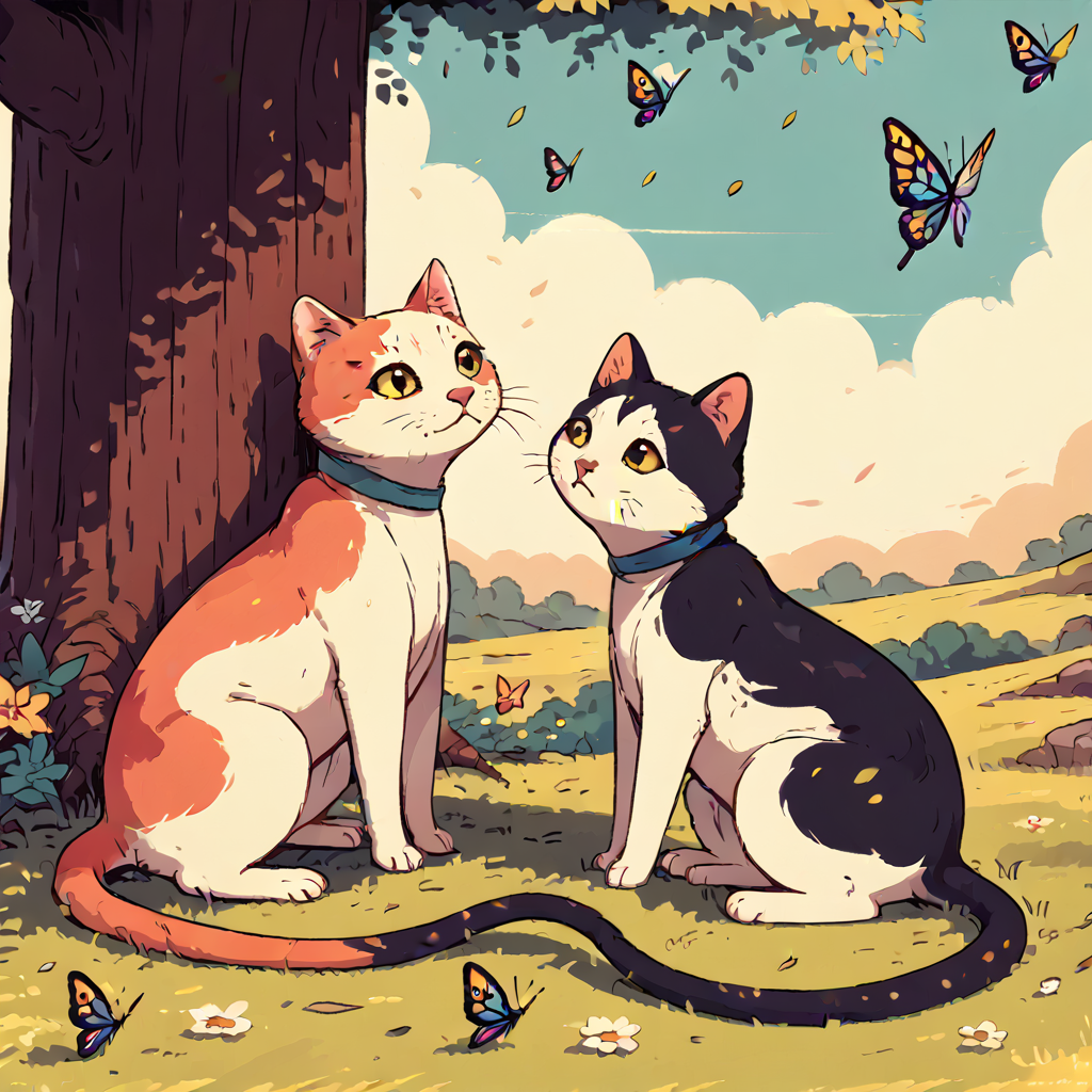 TarotArtStyleCats, outdoors, butterfly, simple art style <lora:ArtStyleCats:1>