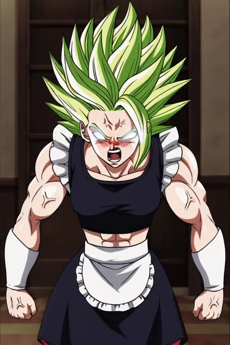 source_anime, score_9, score_8_up, score_7_up, anime screencap,8k, absurdres,
kale\(berserk\), no pupils, super saiyan, spiked hair, abs, muscular, anger vein, angry, veins, muscular female,
1girl, solo, breasts, small breasts, maid, indoors, mansion, blush, screaming, aura, glowing, glowing eyes, clenched hands, open mouth, teeth,
<lora:kale_pony_v2:0.8>