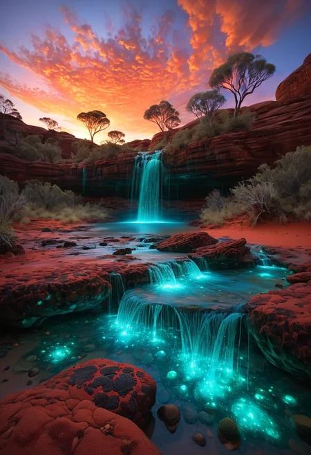 (by Ellen Jewett:1.5), (Bioluminescent Impressionism, autralia aboriginal landscape, The Dreamland, Gibson desert, red earth, rock, ants, sky sunset, sunrise ,waterfall, ethereal landscapes, depth of field, biotech emotion:1.3) <lora:xl_more_art-full_v1:0.5> <lora:add-detail-xl:1> <lora:RMSDXL_Creative:2>