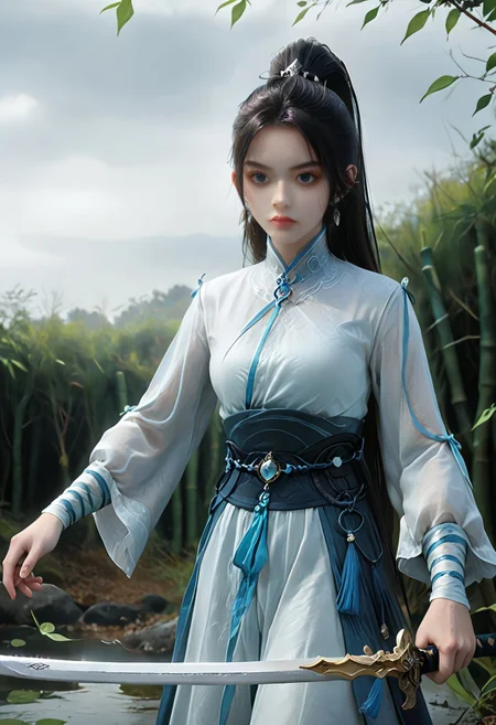 wuxia, ningyao, 1girl, solo, dress, long sleeve, earrings, medium breasts, hair ornament, black hair, closed mouth, expressionless, jewelry,(ponytail:1.1),long hair, (pale skin:1.5),(realistic skin:1.3),(white skin:1.3) A swords girl, An Asian woman with long black hair, dressed in a silky black ancient style complex, long sleeves, like a female immortal, light-colored lips, full of high-end, frontal shot, artistic sense, high-end sense, , advanced photo, advanced tone filter, blurred, artistic scenery, wielding a long white sword. She holds the hilt with her right hand, facing the camera, her light blue fairy immortal Hanfu, white magic sword, long sword, the sword surface is sharp and flat, flying on the water, bamboo leaves floating in the air,lighting on sky , solo, high ponytail, digital art. ((light blue to white gradient background)),