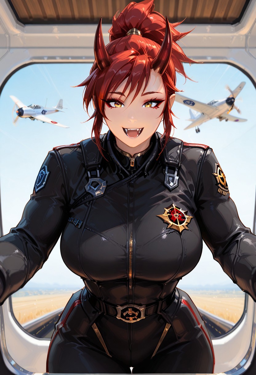 klskx, masterpiece, best quality, close up,
 amazing quality,  Smooth Quality, Oni, Reika, Zeriastra, Skybreaker,1girl, solo, adult, tall female, golden eyes, red makeup, red hair, streaked hair, long hair ponytail, ponytail, short hairs, red and black horns, spiky horns, breasts, large round breasts, muscular, (thick thighs:0.6), (happy:0.9), piloting an airplane, view from outside the cabin, wearing black military pilot suit, girl inside the airplane