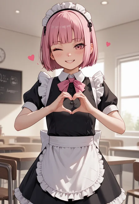 score_4,score_5,score_6,score_7_up,score_8_up,score_9 ((masterpiece,best quality,ultra detailed,highres,HD,4k:1.2)),
1girl, solo,solo focus,girl focus,face focus,
short hair,pink hair,blunt bangs,sidelocks,pink eyes,
Maid outfit,Sleeveless, maid headband, frilly apron,Short sleeves, short skirt, thighs,
inside the cafe, ((Make a heart symbol with both hands, heart with both hands,heart hands,heart symbol,heart,heart effect,)),
blush,blush,shy,smile,((wink,closed one eye)),