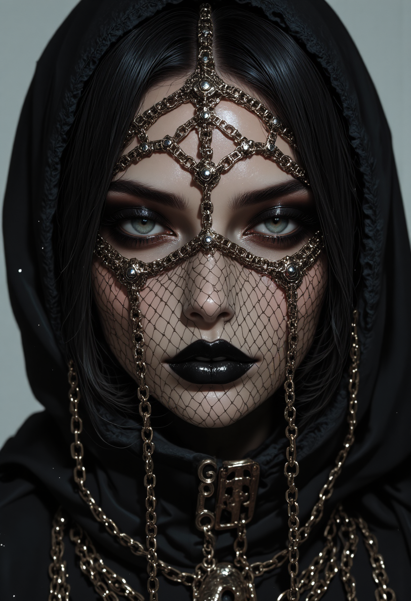 analog film photo A mesmerizing portrait capturing the essence of timeless beauty Photorealistic portrait of a stunning woman with a delicate,partially obscured face . Her deep, smoky eyes are accentuated by bold, dark kohl eyeliner and dramatic eyeshadow, giving her an intense, mesmerizing gaze. her face is obscured a fish net style face veil ,Face Veil w<lora:FluxMythAn1meL1nes:1> An1meL1nes,