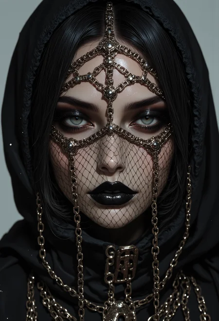 analog film photo A mesmerizing portrait capturing the essence of timeless beauty Photorealistic portrait of a stunning woman with a delicate,partially obscured face . Her deep, smoky eyes are accentuated by bold, dark kohl eyeliner and dramatic eyeshadow, giving her an intense, mesmerizing gaze. her face is obscured a fish net style face veil ,Face Veil w<lora:FluxMythAn1meL1nes:1> An1meL1nes,