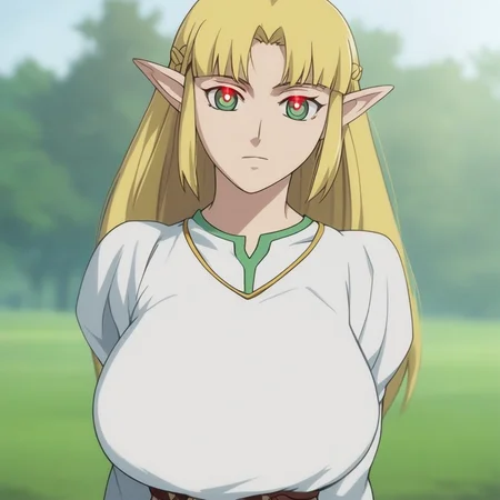 source_anime, D4RK3RTH4NBL4CK, DTB_Style,((score_9)),score_8_up,score_7_up,score_6_up,score_5_up,score_4_up, retro_artstyle, anime style, 1woman, Princess Zelda, blonde hair, large breasts, (green eyes), (C0NTR4CT0R, Contractor, red_pupils, glowing, glowing eyes), looking at viewer, facing viewer, masterpiece, best quality, highres, best illumination, depth of field, Artist style:komori_takahiro
