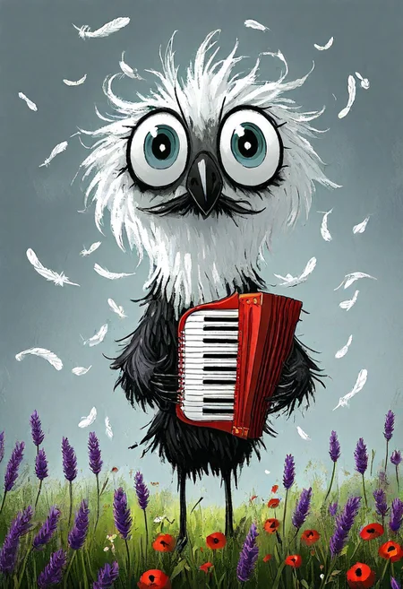 hen, unhinged, white and brown feathers, stretched accordion-like body, enormous gleaming eyes, wearing tiny striped stockings, standing in field of purple lavender and red poppies, expressive brushstrokes showing bristly feathers, teal background with floating feathers, characteristic Tim Burton inspired design