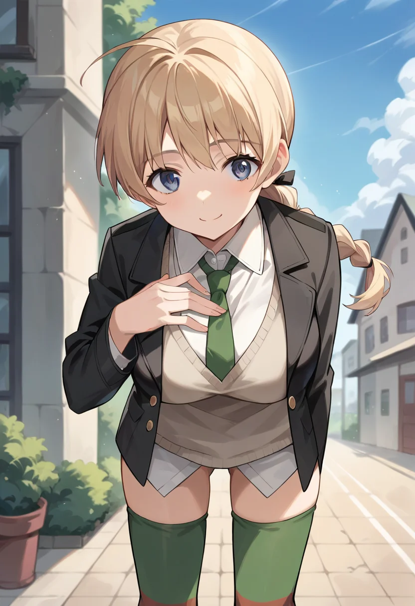 score_9, score_8_up, score_7_up, source_anime, 1girl, masterpiece, ctianly, ochre hair, large breasts, black jacket, sweater vest, smile, looking at viewer, outdoors, green necktie, dress shirt, striped thighhighs, leaning forward, hand on chest, standing, <lora:LynetteBishop_PONY_ct:0.8>