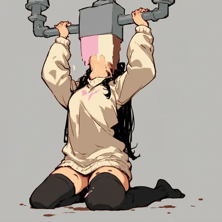 source_anime, score_9, score_8_up, score_7_up, 
<lora:iceCreamMachine_pony_v02e6:1> 
ice cream machine, 1girl, solo, kneeling, skinny, arms up, head back, holding, ice cream on body, covered face, sweater, thighhighs, long hair, black hair, simple background