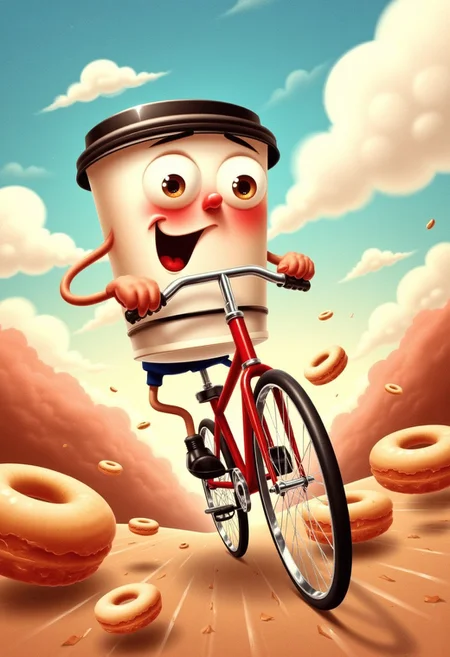 A playful, anthropomorphic coffee cup with big eyes and a grin, riding a bicycle on a path lined with donuts, illustration in the style of BRSH