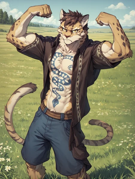 score_9, score_8_up, score_7_up, score_6_up <lora:Likulau_PonyXL_v1:1> likulau, open clothes, flexing, serious face, angry, mouth closed, field, grass, outside, shorts, looking at viewer,