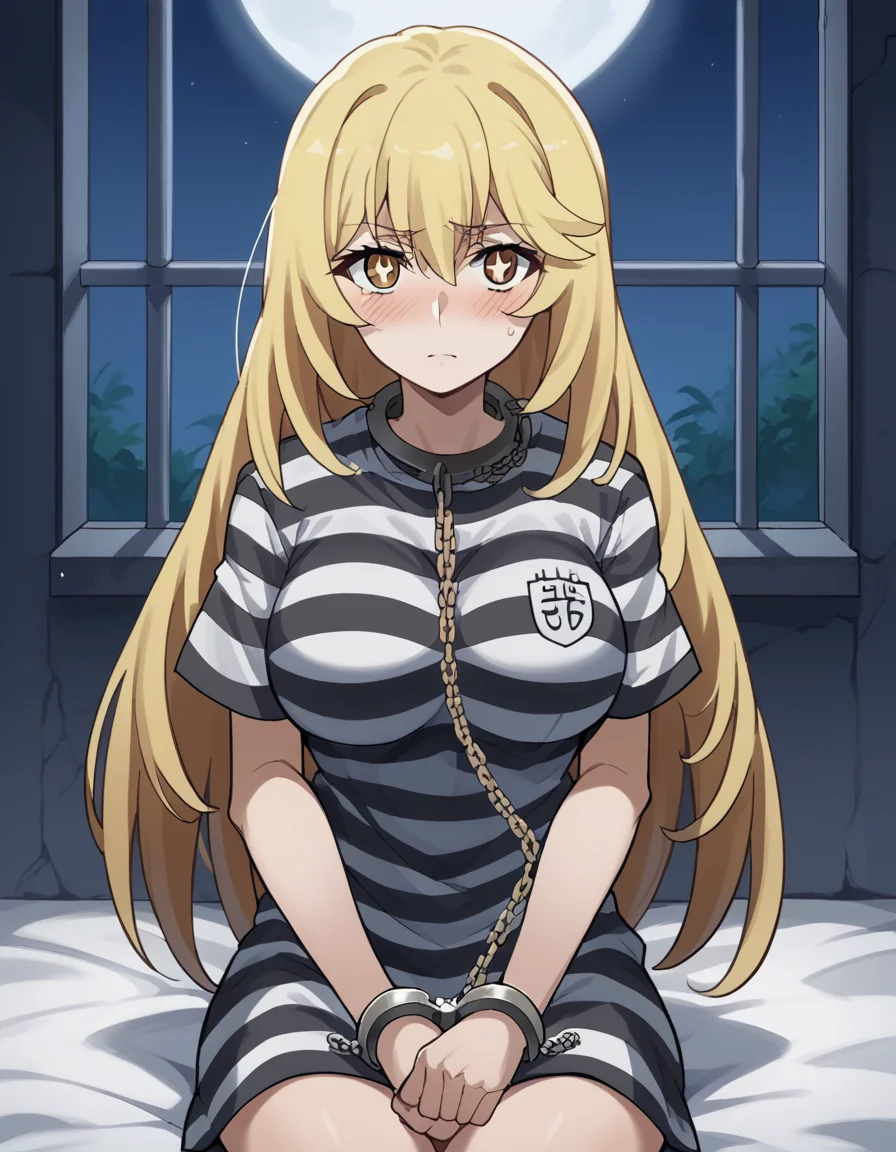 score_9, score_8_up, score_7_up, source_anime, <lora:misaki-shokuhou-s3-ponyxl-lora-nochekaiser:1>, misaki shokuhou, blonde hair, hair between eyes, long hair, symbol-shaped pupils, yellow eyes, large breasts, <lora:prison-clothes-ponyxl-lora-nochekaiser:1> prison clothes, prisoner, prison cell, prison, striped shirt, shackles, handcuffs, chain,, sitting, on bed, looking at viewer, blush, night, moon, moonlight, night sky, window, three quarter view, cowboy shot,