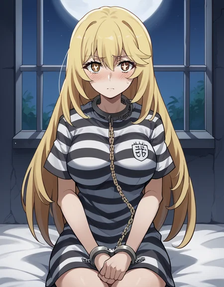 score_9, score_8_up, score_7_up, source_anime, <lora:misaki-shokuhou-s3-ponyxl-lora-nochekaiser:1>, misaki shokuhou, blonde hair, hair between eyes, long hair, symbol-shaped pupils, yellow eyes, large breasts, <lora:prison-clothes-ponyxl-lora-nochekaiser:1> prison clothes, prisoner, prison cell, prison, striped shirt, shackles, handcuffs, chain,, sitting, on bed, looking at viewer, blush, night, moon, moonlight, night sky, window, three quarter view, cowboy shot,