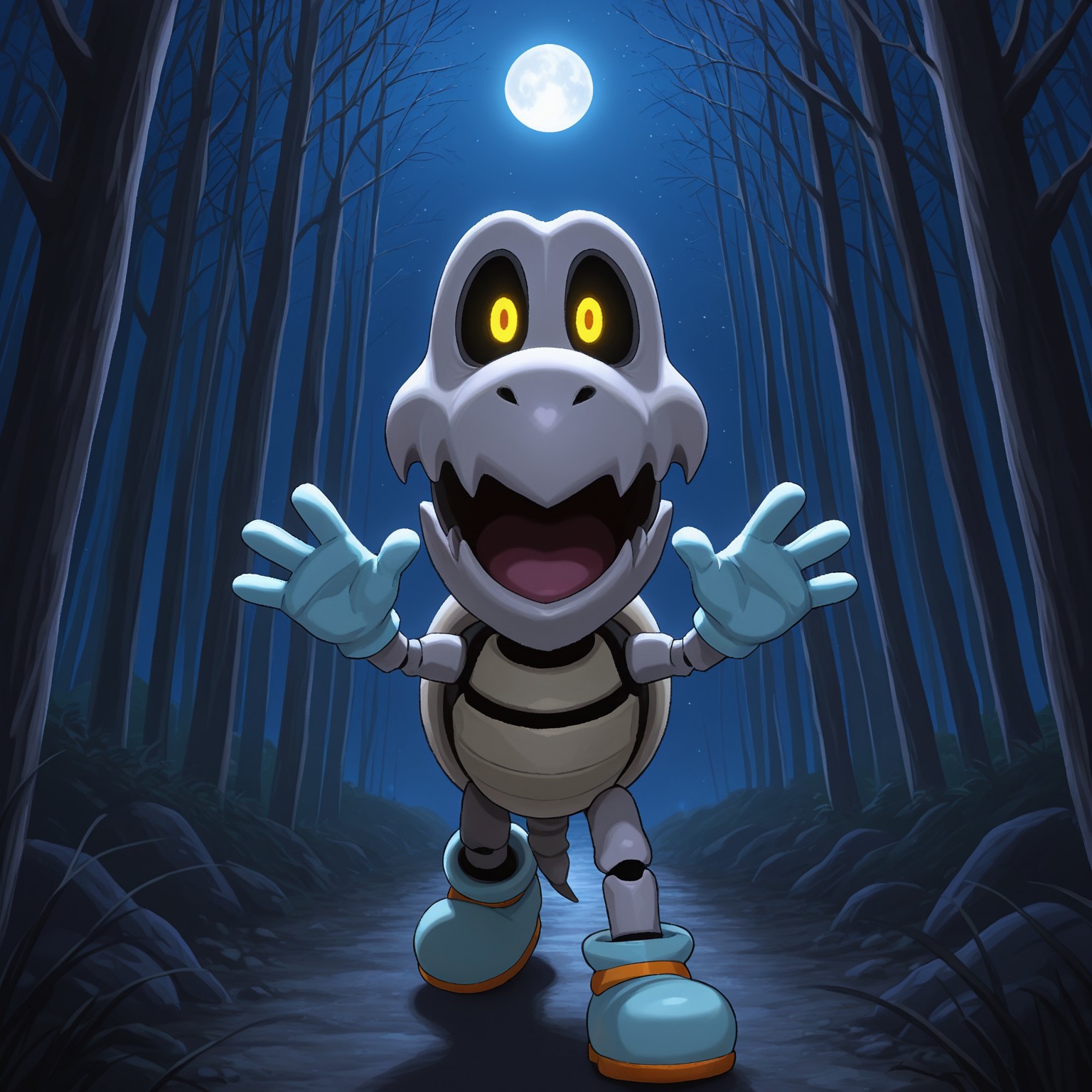Solo, 2d, 1boy, Drybones, male, skeleton, male, shelled, gray shell, short tail, black sclera, yellow pupils, light blue gloves, light blue shoes,

BREAK front view, walking towards viewer, hands up, open mouth, spooky, spooky forest, night, dark environment, moon

BREAK best quality, amazing quality, very aesthetic, absurdres, newest, high quality, masterpiece, 