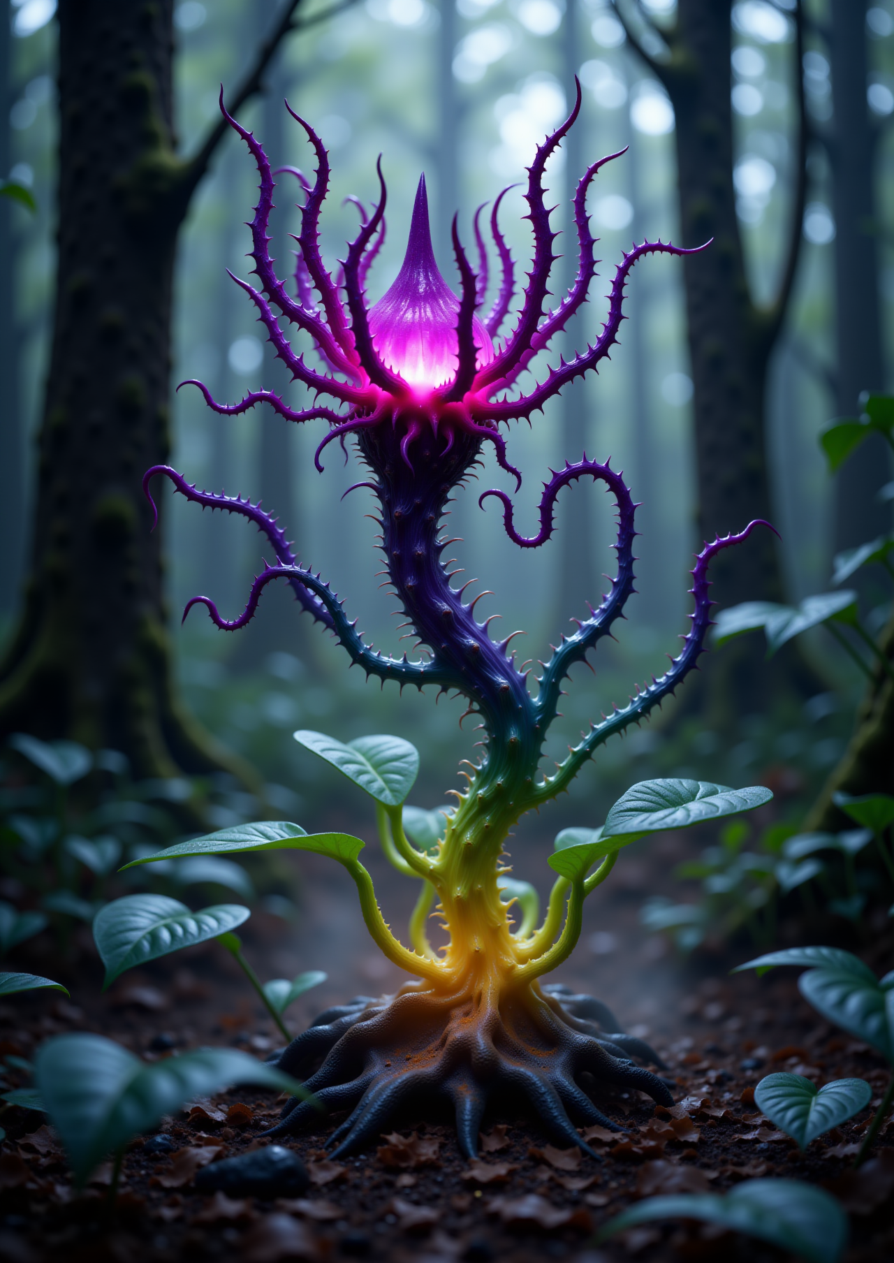 This is a CGI-rendered image of a bizarre dark fantasy plant rising from a misty, enchanted forest floor. The plant features elongated, twisting tendrils that shimmer with an ethereal glow, alternating between deep violet and ghostly green hues. Its leaves are large and jagged, resembling claws reaching out, each tipped with bioluminescent spores that emit a soft, haunting light. Surrounding the base, a faint mist swirls, adding an air of mystery and intrigue to the otherworldly atmosphere.






