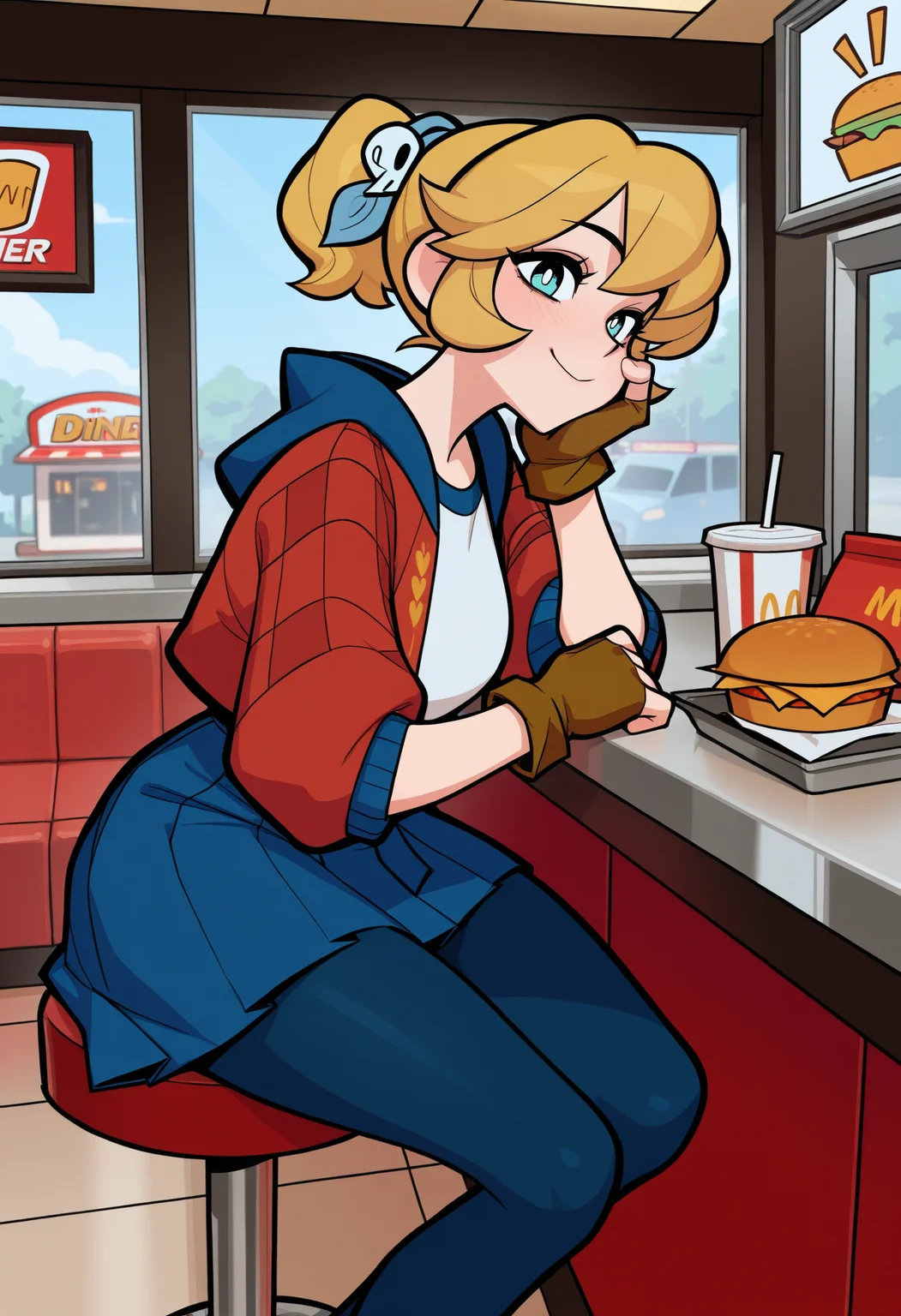 masterpiece, best quality, amazing quality,,<lora:cadence_illustrious_byJaneB:1>,1igrl. solo, c4dence,
red jacket, blue skirt, pantyhose, white shirt, fingerless gloves, sitting on a counter, fast food, diner, smile