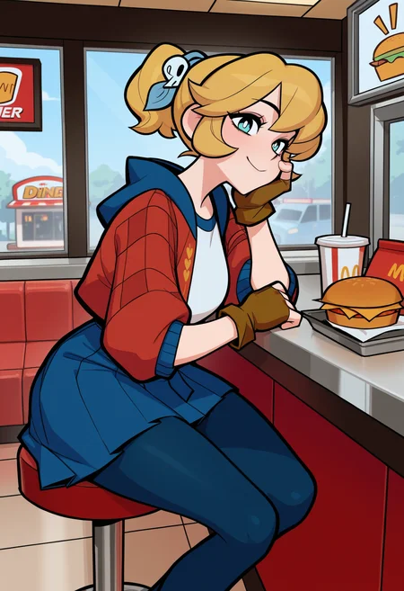 masterpiece, best quality, amazing quality,,<lora:cadence_illustrious_byJaneB:1>,1igrl. solo, c4dence,
red jacket, blue skirt, pantyhose, white shirt, fingerless gloves, sitting on a counter, fast food, diner, smile