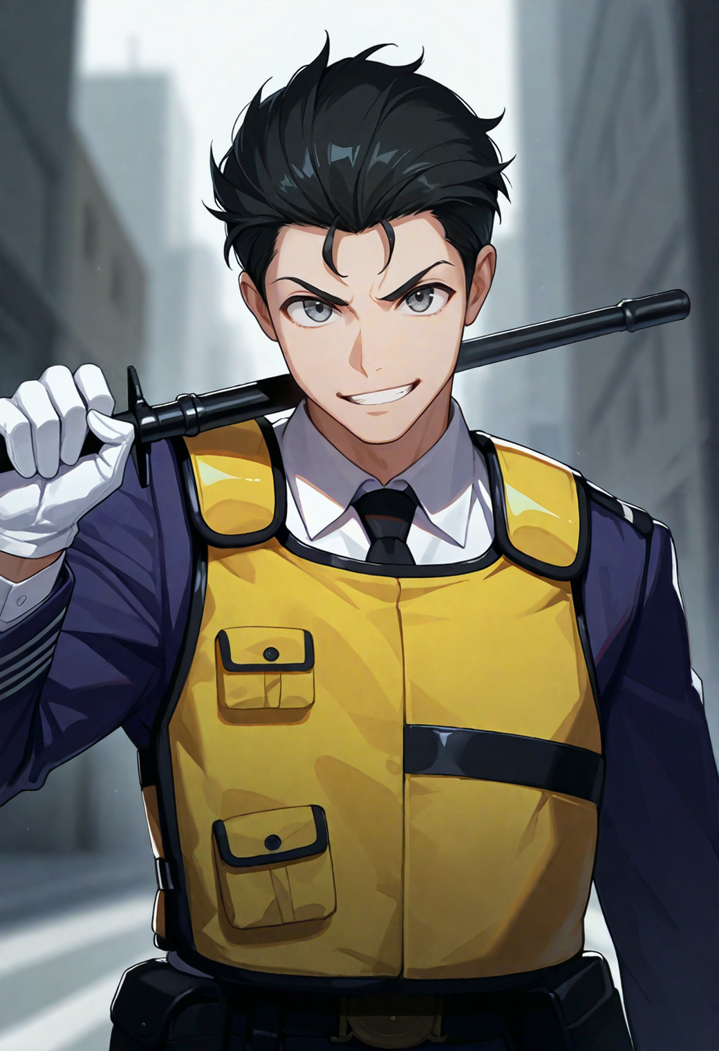 masterpiece,best quality,
1boy,male focus,
<lora:iwaizumi_shou_NAI_EPS_1_1_CAME_v1_rev2:1>,1wa1zum1_sh0u,black hair,grey eyes,
white shirt,collared shirt,black necktie,blue jacket,long sleeves,
yellow vest,high-visibility vest,utility vest,black trim,white gloves,
upper body,facing viewer,looking at viewer,grin,v-shaped eyebrows,
holding baton \(weapon\),weapon over shoulder,
atmospheric perspective,depth of field,ââââblurry background,âââ