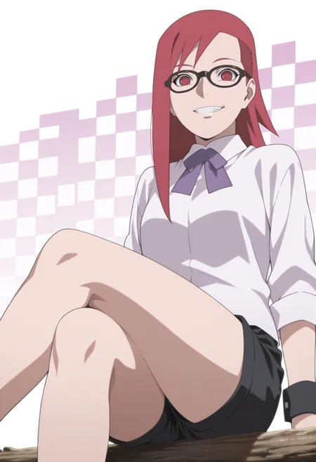 anime screencap, anime coloring, 1girl,  solo,  <lora:DX888KarinB:1> uzumaki karin, red eyes, red hair,long hair, sidecut, glasses, white shirt, collared shirt,sleeves rolled up, log sleeves,purple ribbon,wrist cuffs, black shorts, BREAK  white background, checkered background, simple background, BREAK solo, sitting, from below, crossed legs ,  looking at viewer, crazy grin