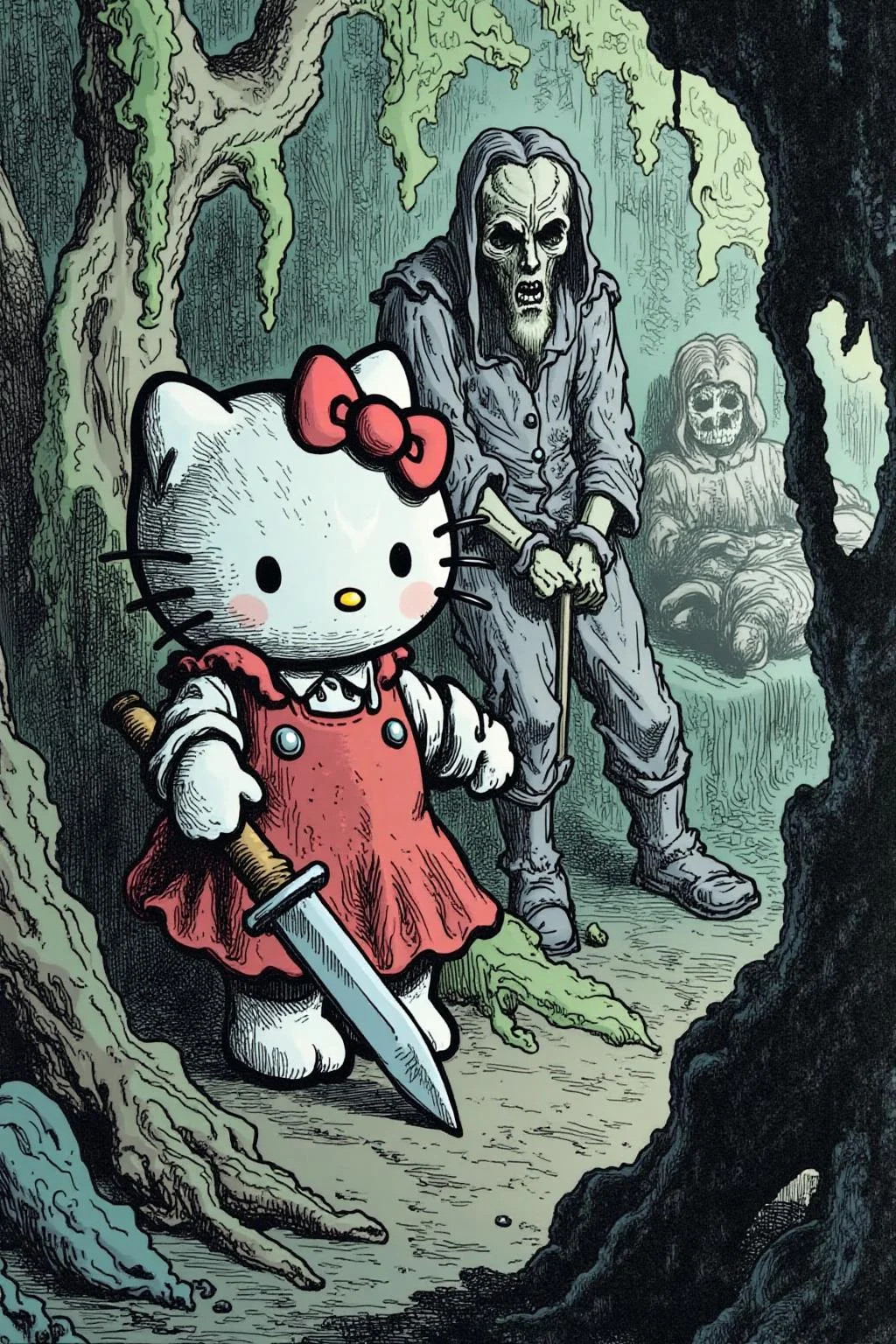 gusdore1 illustration. Hello Kitty in the middle of the forest holding a knife, the atmosphere and the character looks scary, Hello Kitty is hidden by the shadows. <lora:gusdore1_nocap_d4a2e8:1.0><lora:801219603821780727:0>
