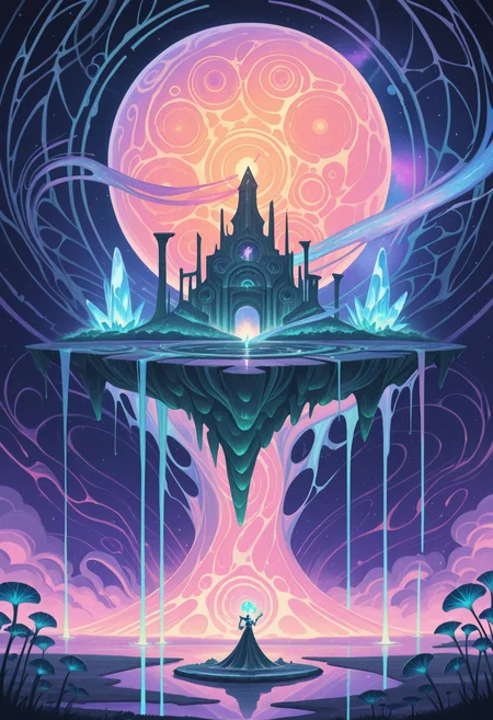 masterpiece, best quality, amazing quality,,<lora:afkJourneyIllustrious:1> afkJourneyStyle,
impossible landscape, alien world, magic energy, floating islands, bioluminescent plants, surreal architecture, ancient ruins, glowing crystals, ethereal fog, twin moons, colorful nebula sky, giant ringed planet in background, futuristic temples, fractal mountains, waterfalls flowing upward, luminous rivers, floating rocks, energy beams, magic runes, strange creatures in distance, vibrant colors, ultra-detailed, highly detailed, 4k, fantasy, science fiction, concept art