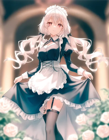 hiten \(hitenkei\),detailed background,blurry background,depth of field,flower,glowing,maid,maid headdress,maid apron,puffy sleeves,frilled dress,tattoo,thighs,smile,long hair,
spfaniya,1girl,solo,white hair,red eyes,facial mark,antenna hair,symbol-shaped pupils,+ +,bangs,hair between eyes,small breasts,<lora:spfaniya_noob:0.75>,
masterpiece,best quality,very aesthetic,absurdres,curly hair,twintails,