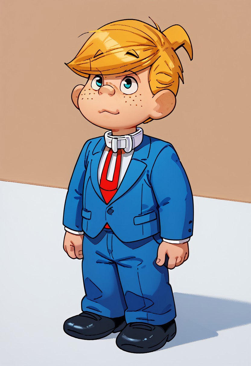 WangV2Style,
score_9, score_8_up, score_7_up, DennisMitchell, 1boy, solo, blond hair, freckles, blue suit, white collar, red tie, blue pants, black shoes,