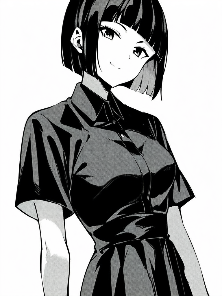 score_9, score_8_up, score_7_up,  
1girl, black hair, blunt bangs, bob cut, medium hair, medium breasts,
monochrome,
standing, white background, smile, closed mouth, black dress, collared dress, short sleeves, looking at viewer,
